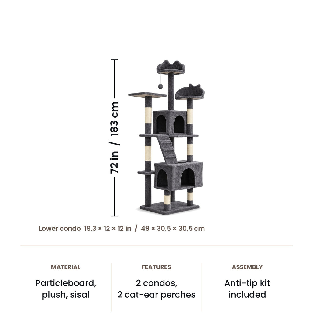Cat tree dimensions: 72 in (183 cm) tall, lower condo 19.3 x 12 x 12 in (49 x 30.5 x 30.5 cm)