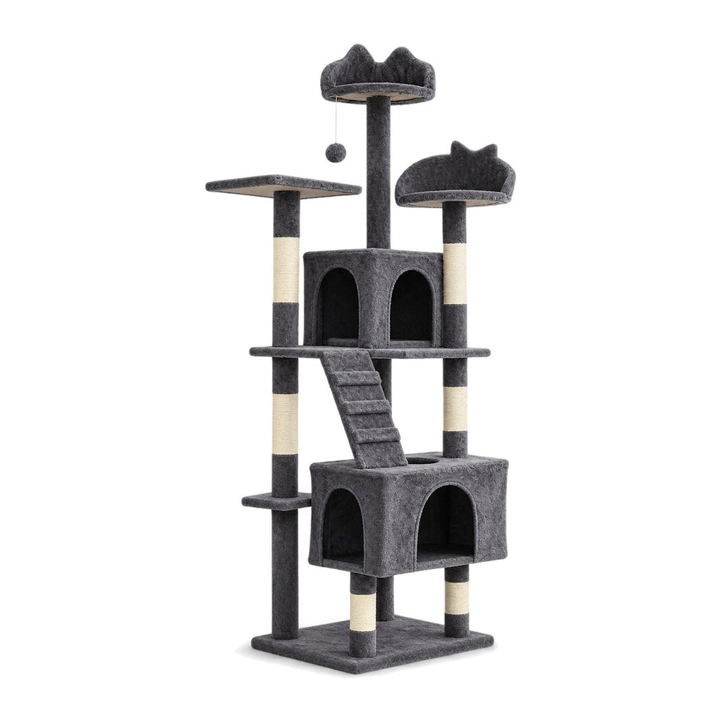 72 in dark gray cat tree tower with two condos on a white background