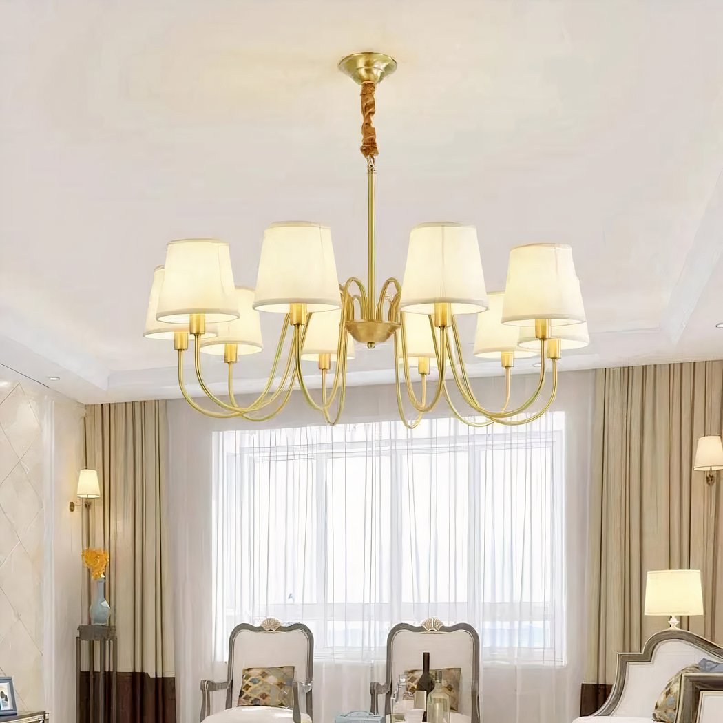 Lustre doré LED avec abat-jours en tissu