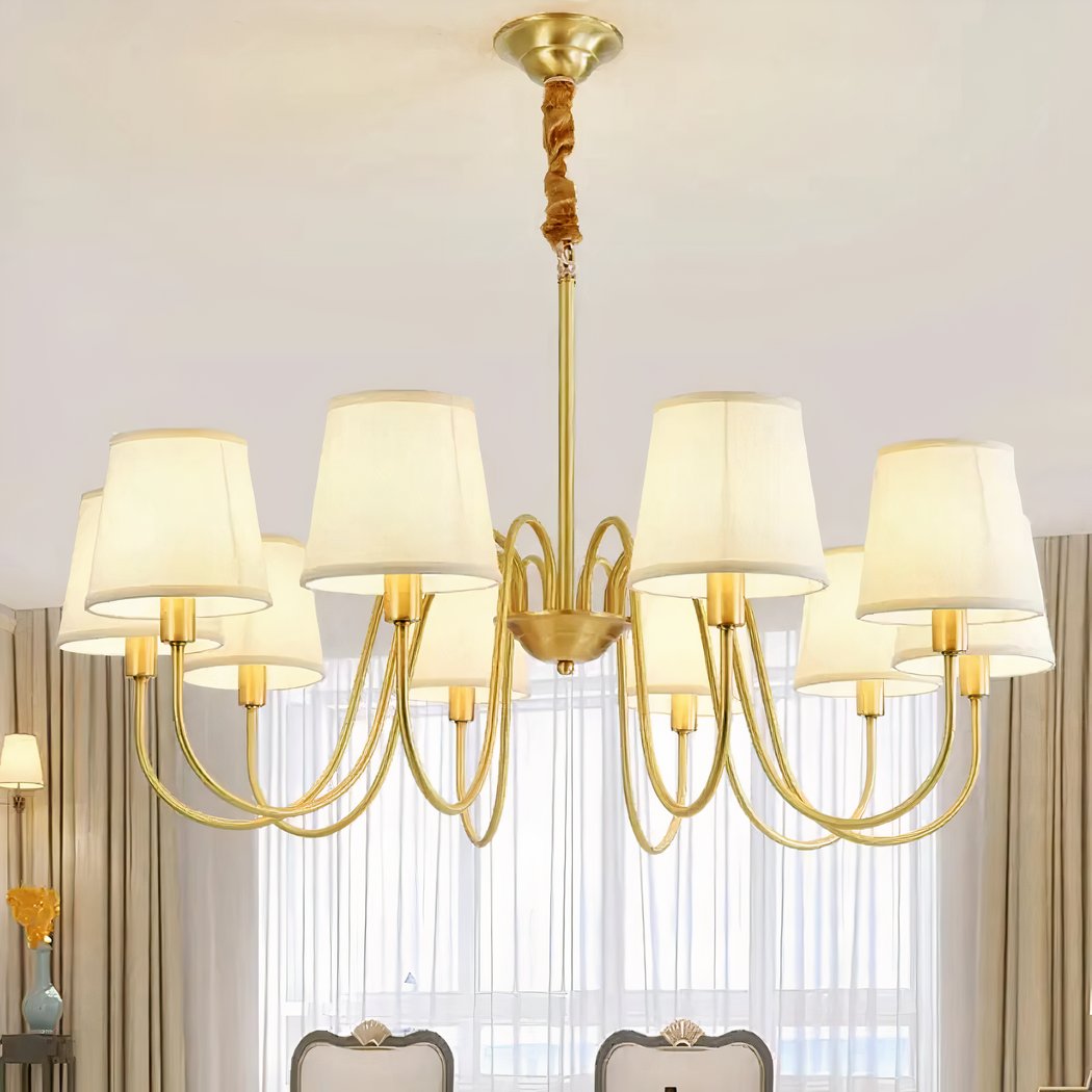 Lustre doré LED avec abat-jours en tissu