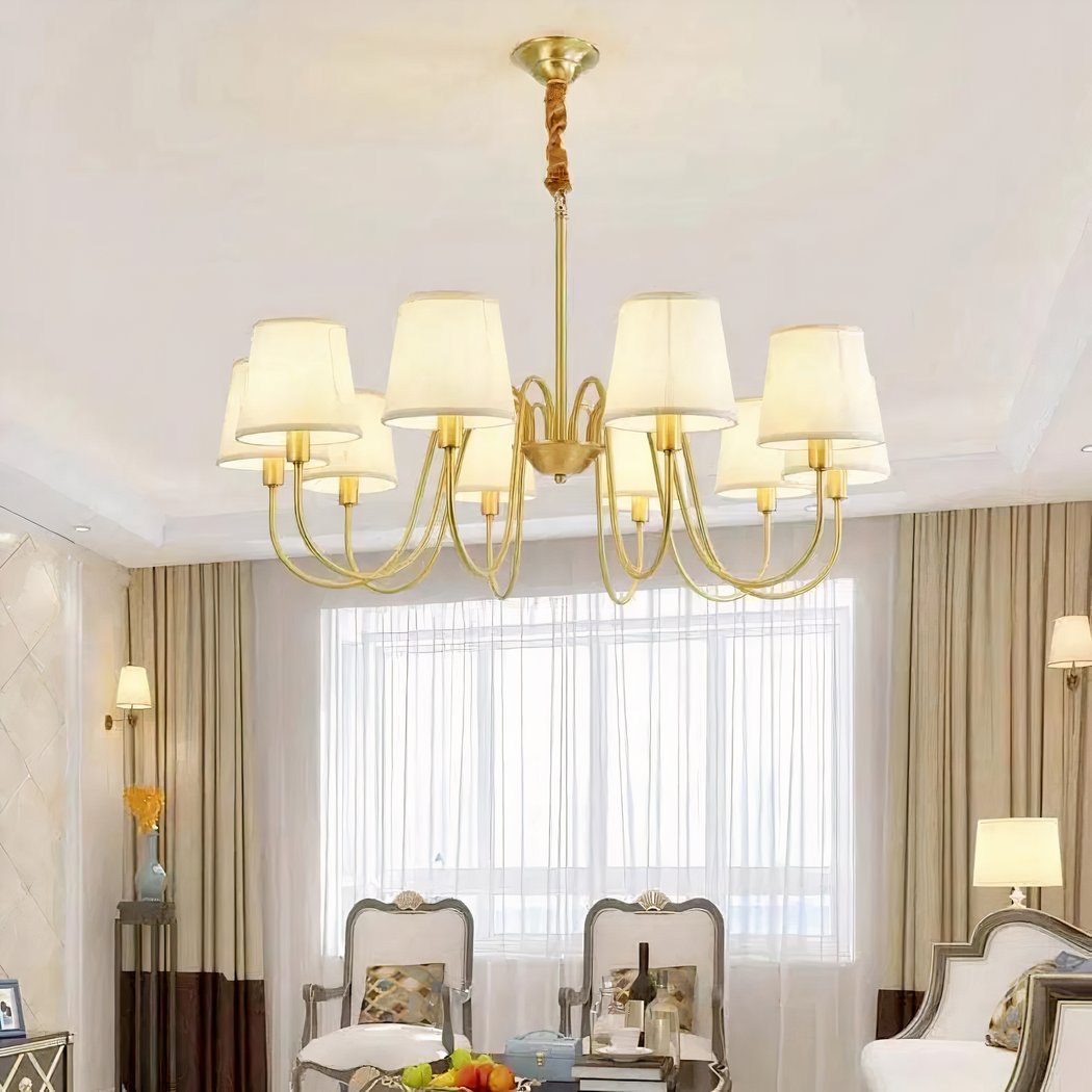 Lustre doré LED avec abat-jours en tissu