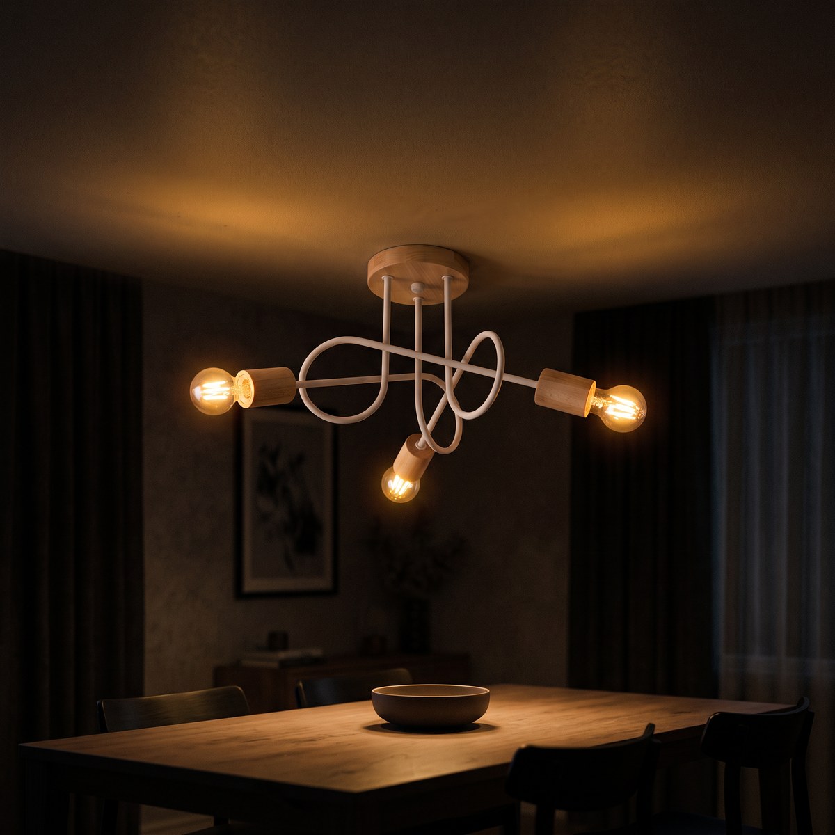 Lustre plafonnier scandinave bois et métal blanc, 3 ou 5 bras