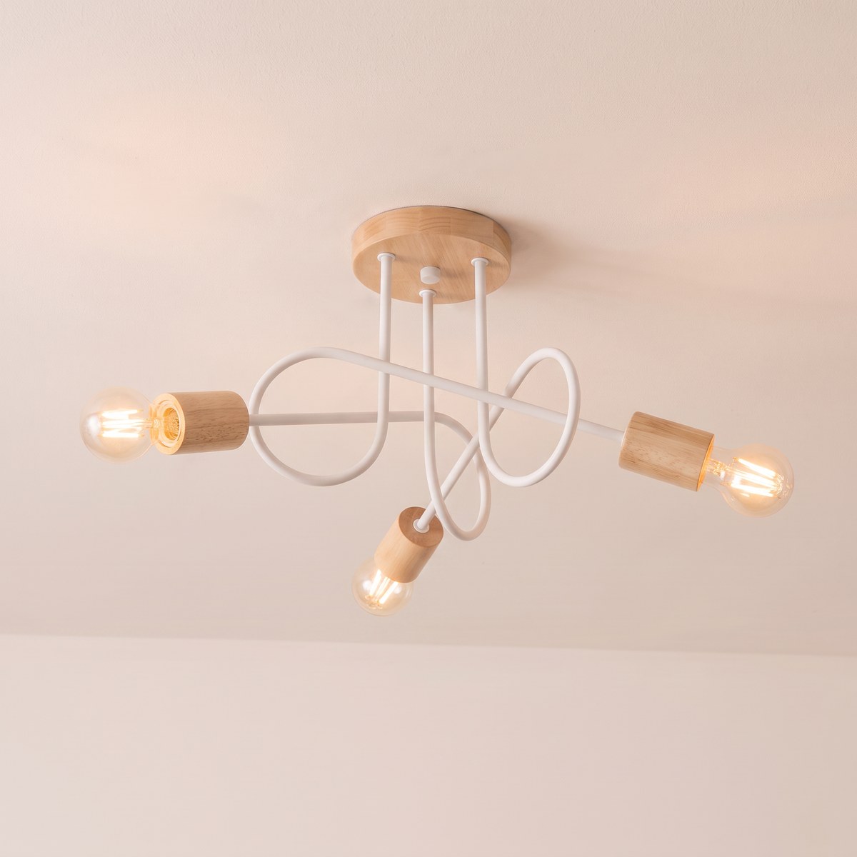 Lustre plafonnier scandinave bois et métal blanc, 3 ou 5 bras