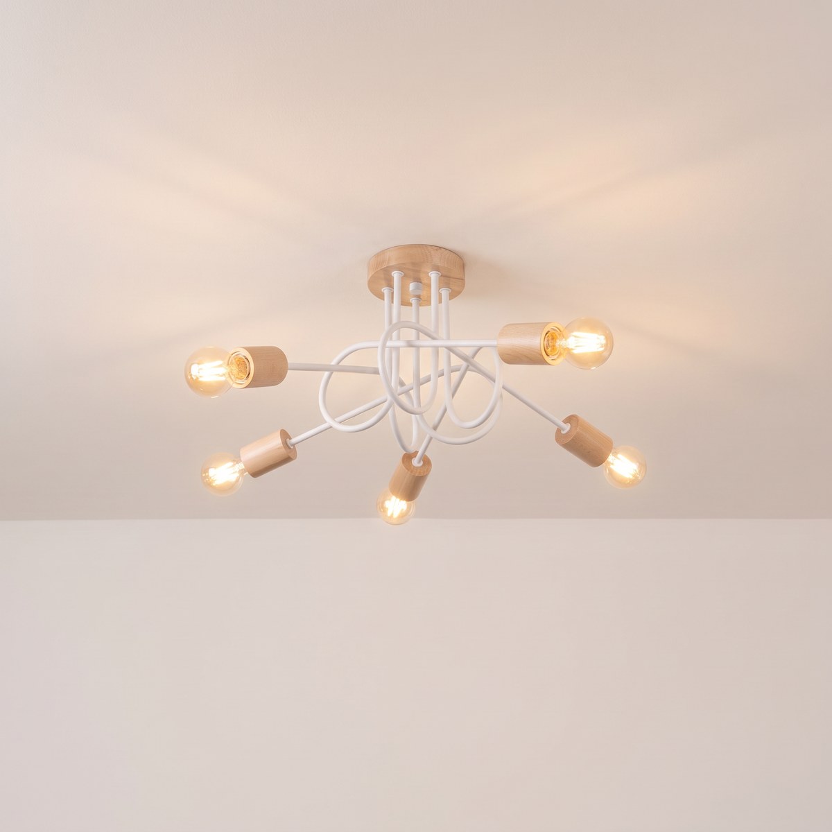 Lustre plafonnier scandinave bois et métal blanc, 3 ou 5 bras