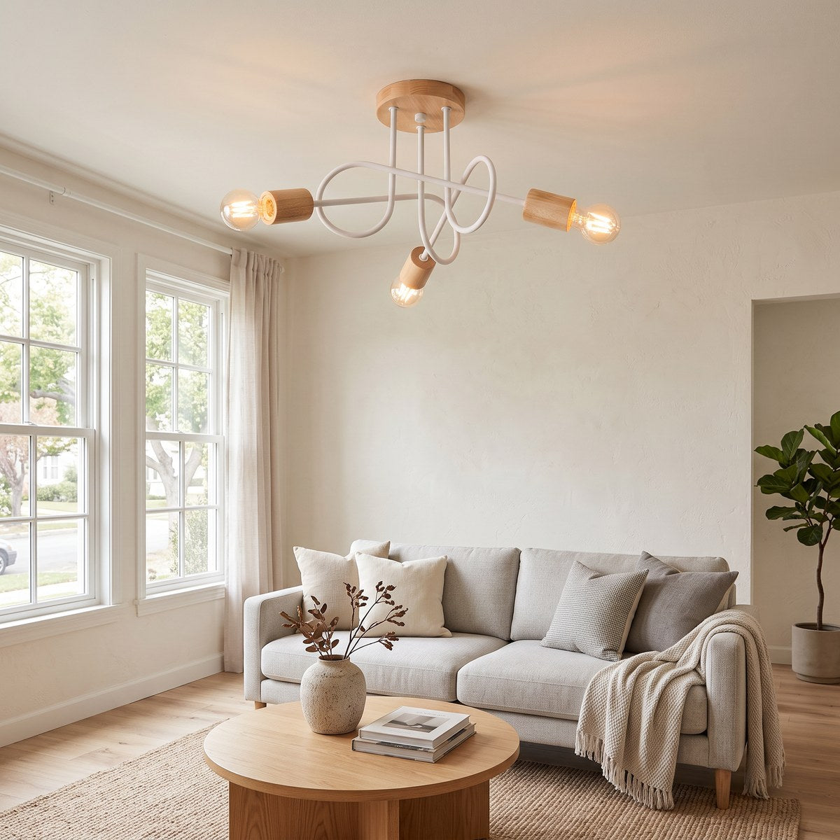 Lustre plafonnier scandinave bois et métal blanc, 3 ou 5 bras