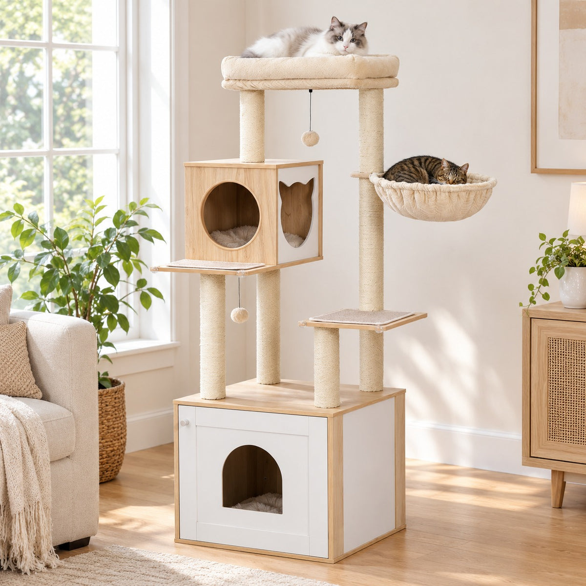 Cat lying on the top perch of a modern wood-grain cat tree with litter box cabinet, another cat in the hammock