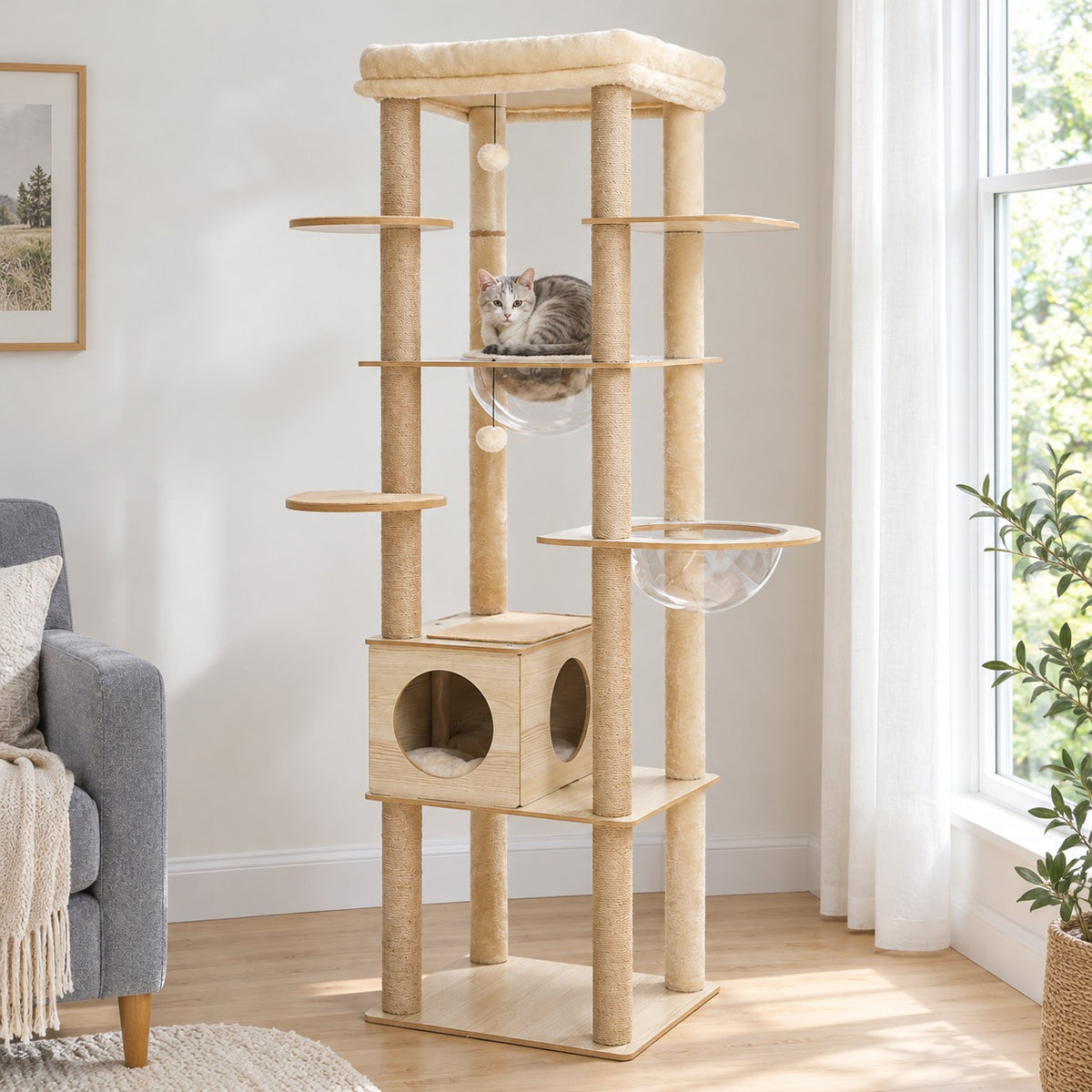 Modern 70.9 in open-frame cat tower in Natural wood-grain with clear bowls