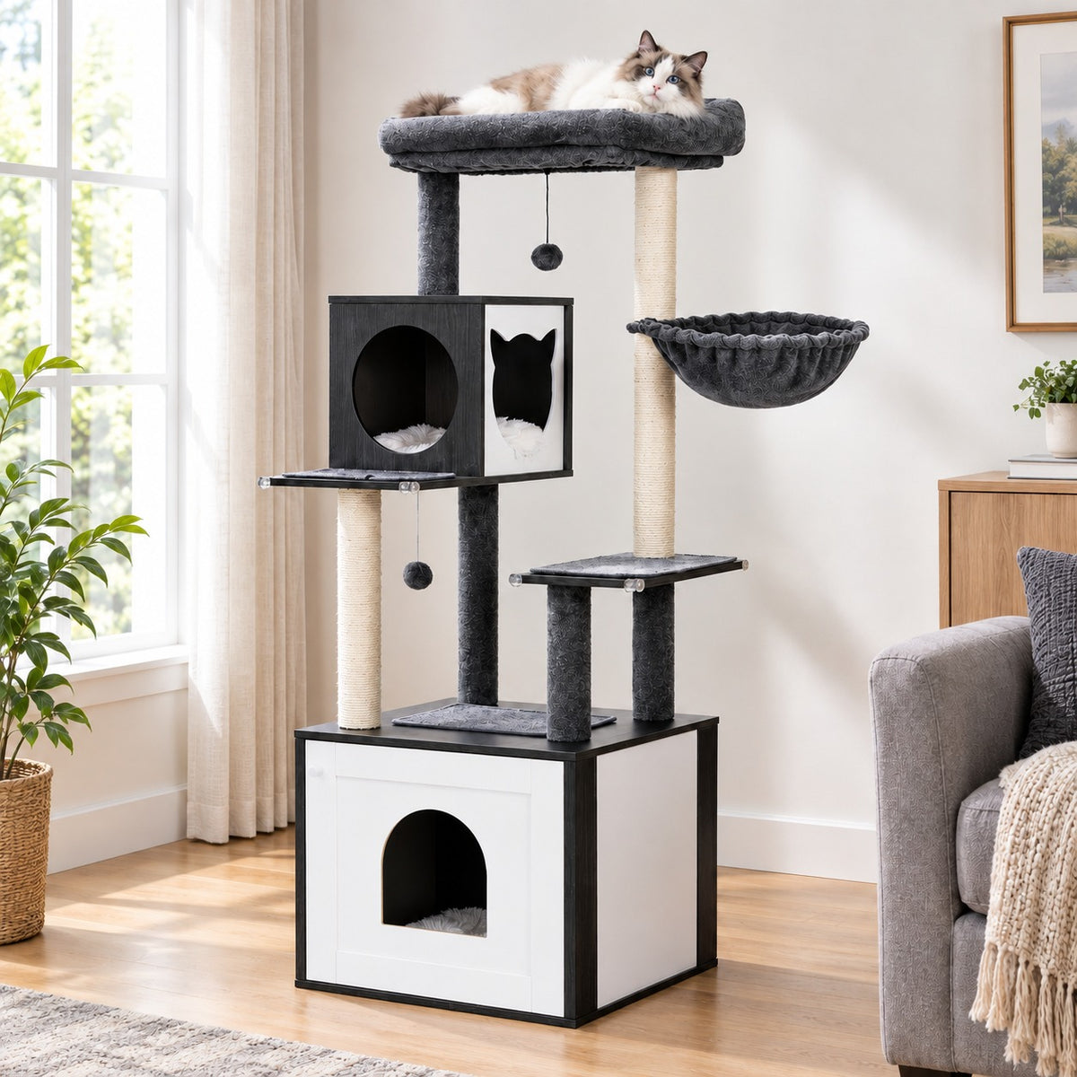 Modern cat tree with litter box cabinet in Black and white