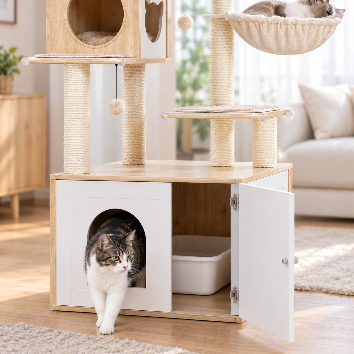 Cat stepping out of the open cabinet of the cat tree, with room for a litter box inside