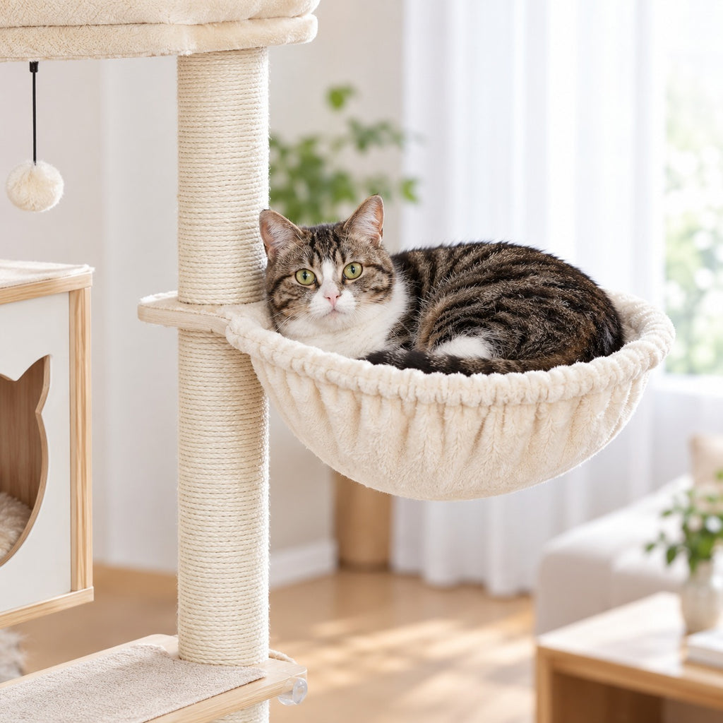 Cat curled up in the spoon hammock of the modern cat tree