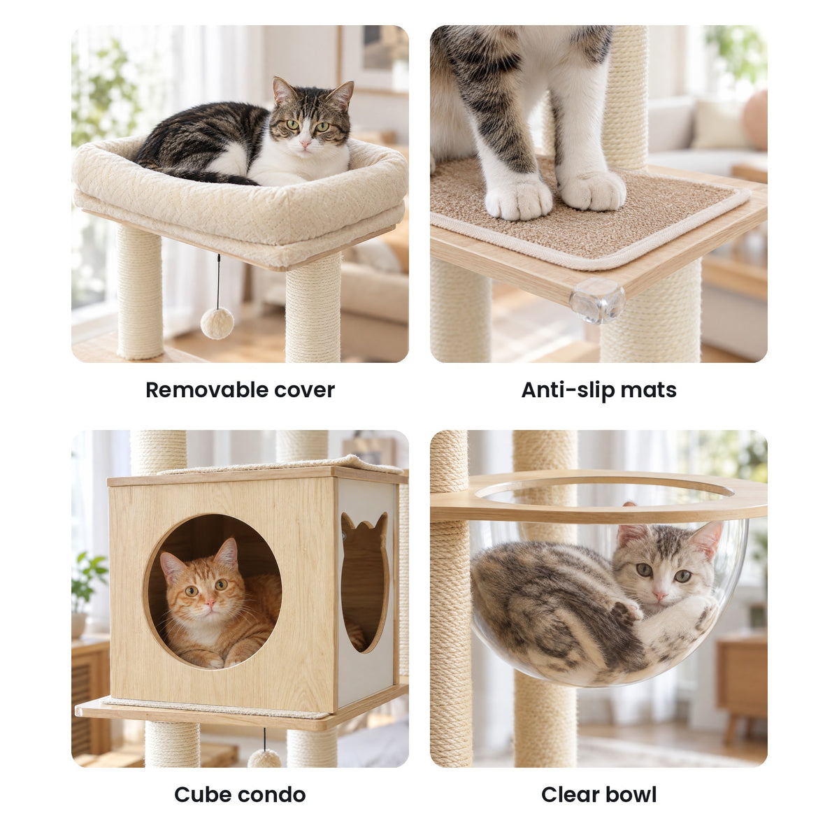 Modern cat tree details: removable top perch cover, anti-slip platform mats, cube condo, clear bowl