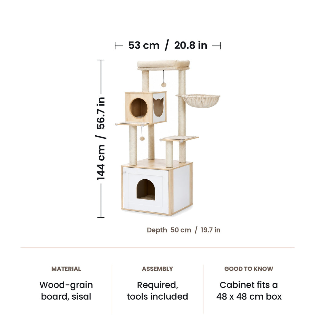 Modern cat tree with cabinet dimensions: 53 x 50 x 144 cm (20.8 x 19.7 x 56.7 in)