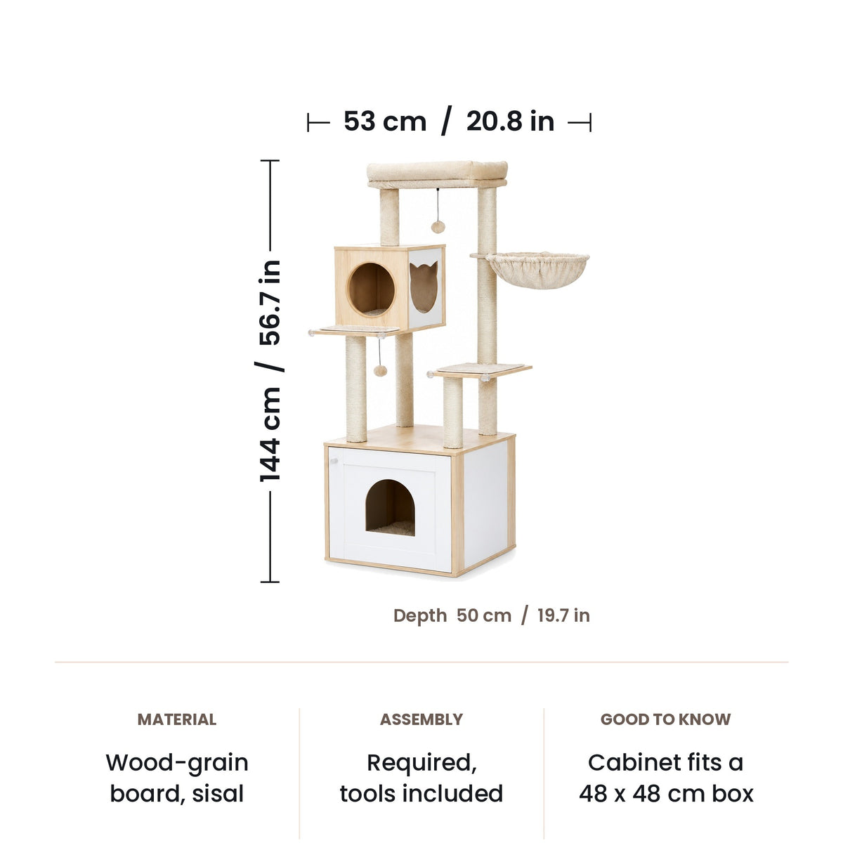 Modern cat tree with cabinet dimensions: 53 x 50 x 144 cm (20.8 x 19.7 x 56.7 in)