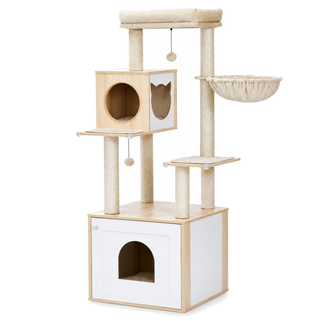 Modern wood-grain cat tree with white litter box cabinet on a white background