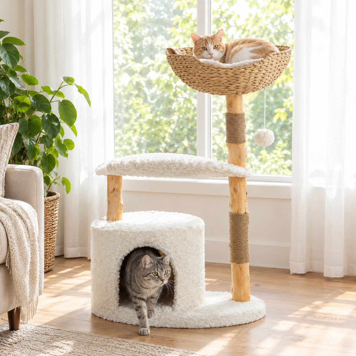 Cat curled in the rattan basket of a modern natural wood cat tree while another cat leaves the condo