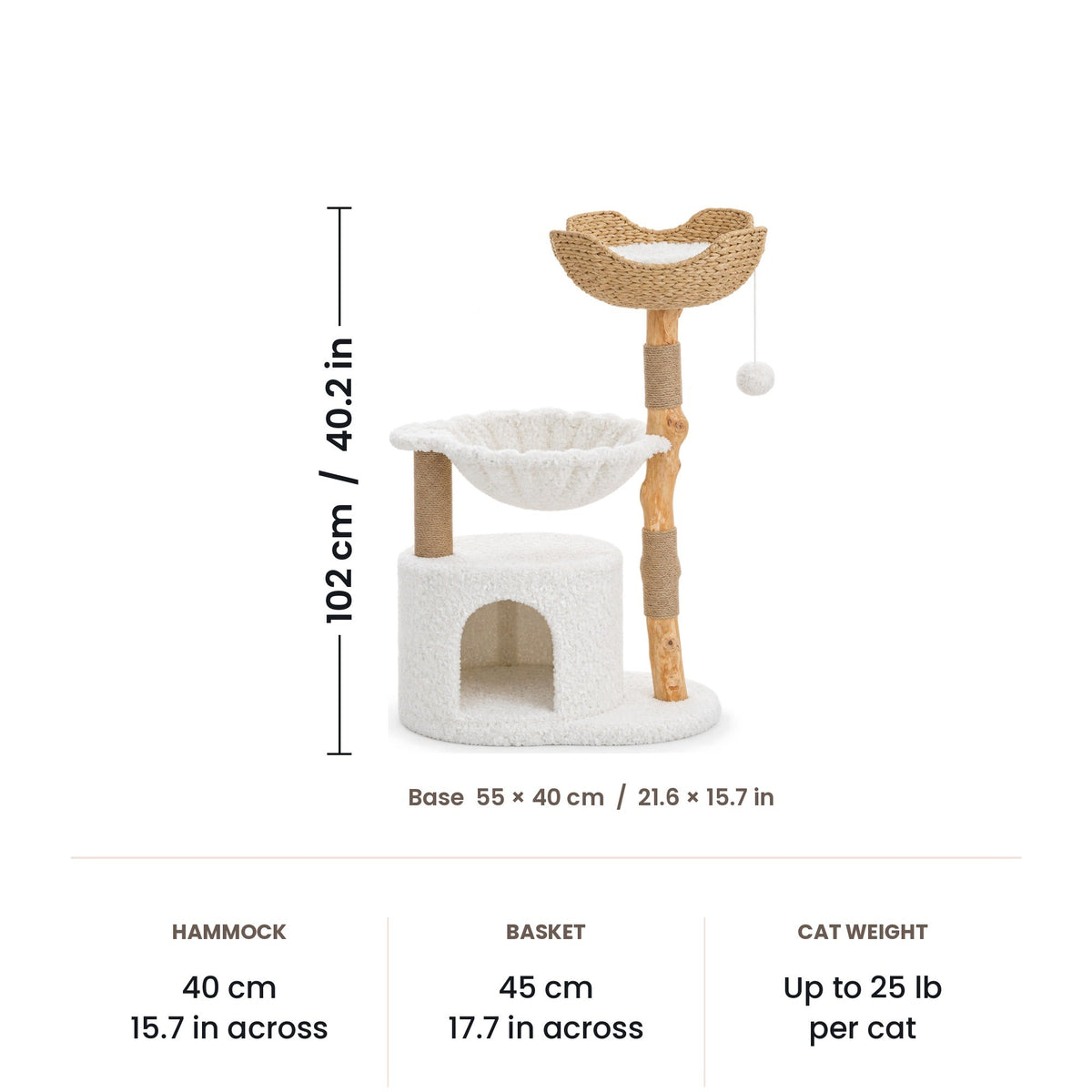 Condo and Hammock cat tree dimensions: 102 cm (40 in) high, base 55 x 40 cm