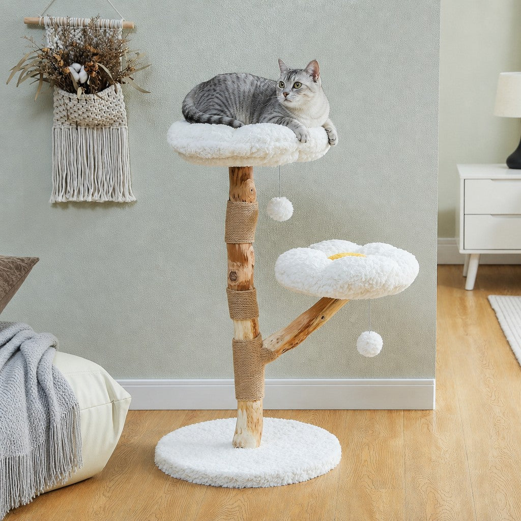 Daisy Perch cat tree with two daisy-shaped plush perches on a natural wood branch