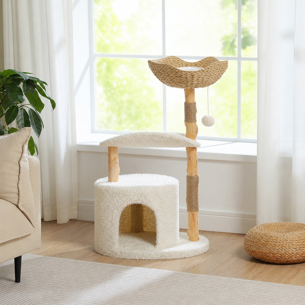 Condo and Basket cat tree with natural wood trunks, curved plush perch and rattan basket