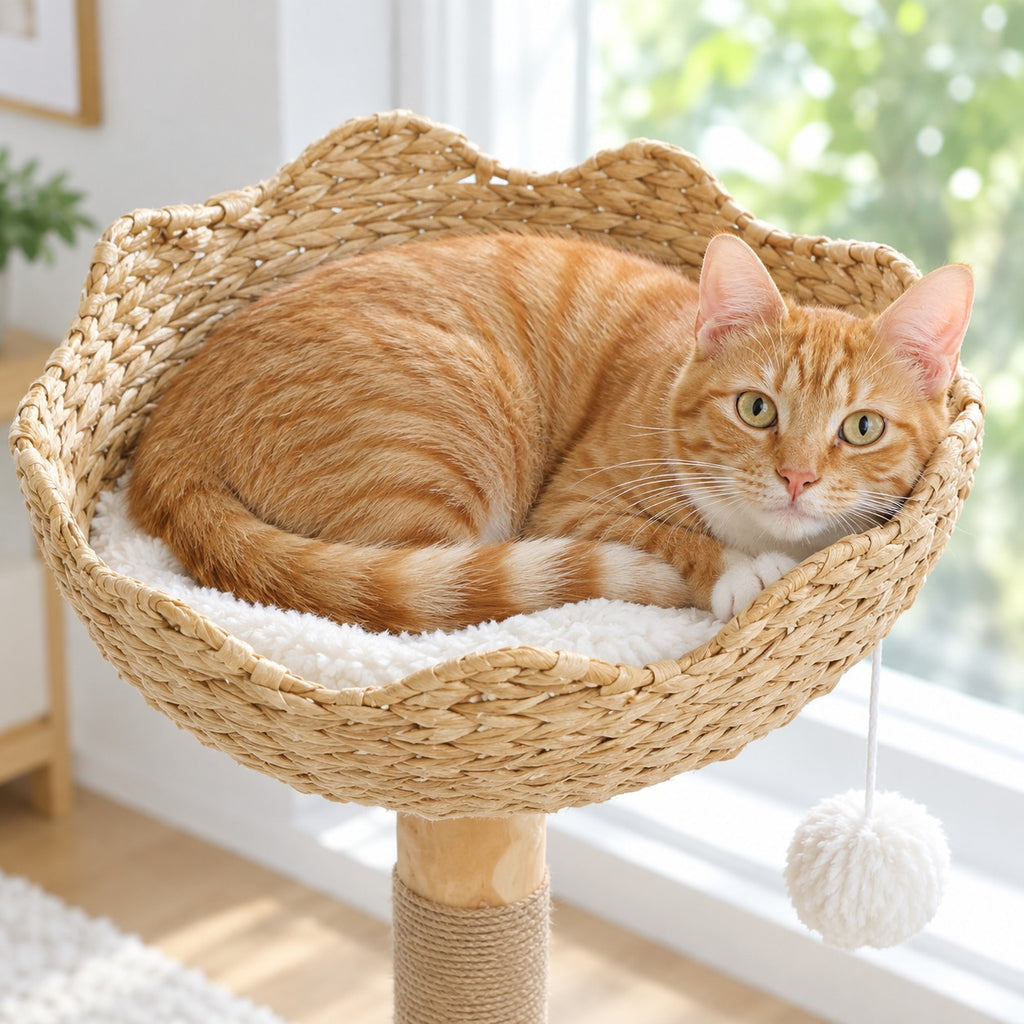 Cat lying in the woven rattan basket at the top of the cat tree