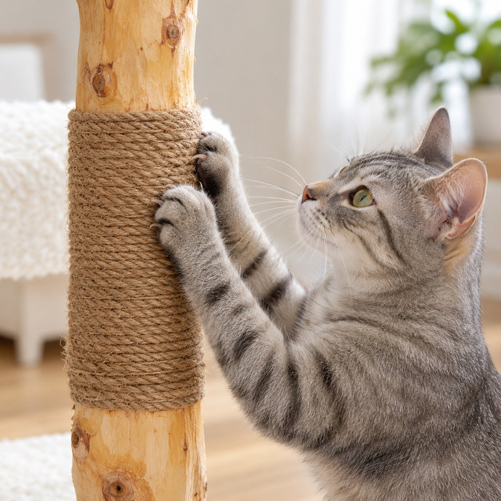 Cat scratching the sisal rope on the natural wood trunk