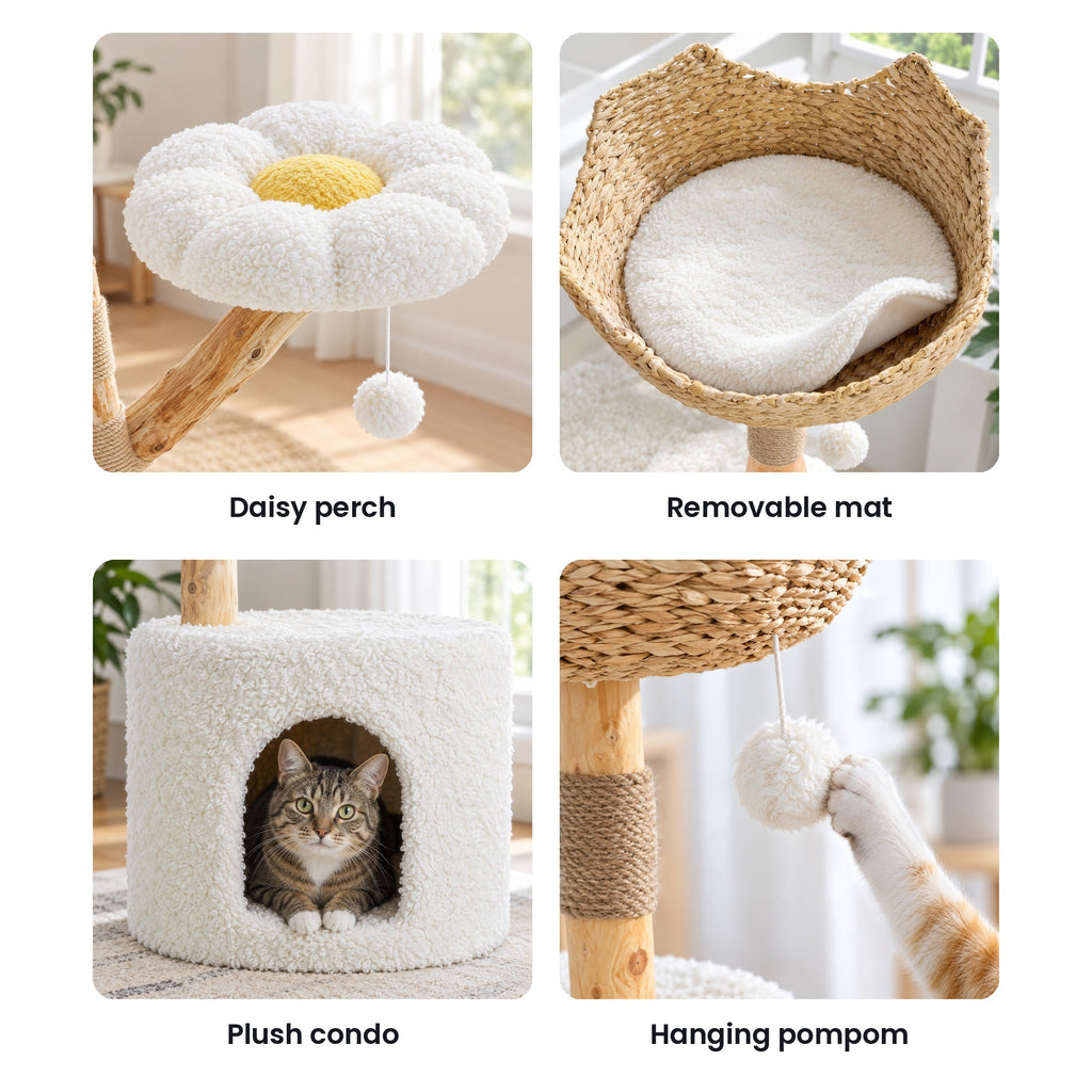Cat tree details: daisy perch, removable basket mat, plush condo, hanging pompom