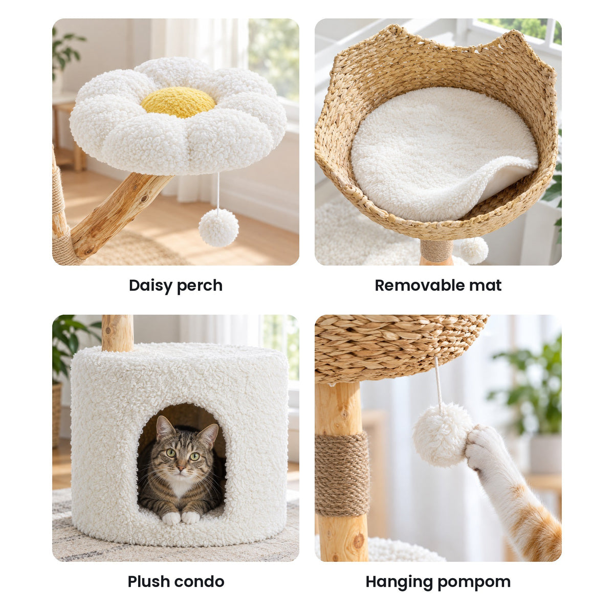 Cat tree details: daisy perch, removable basket mat, plush condo, hanging pompom