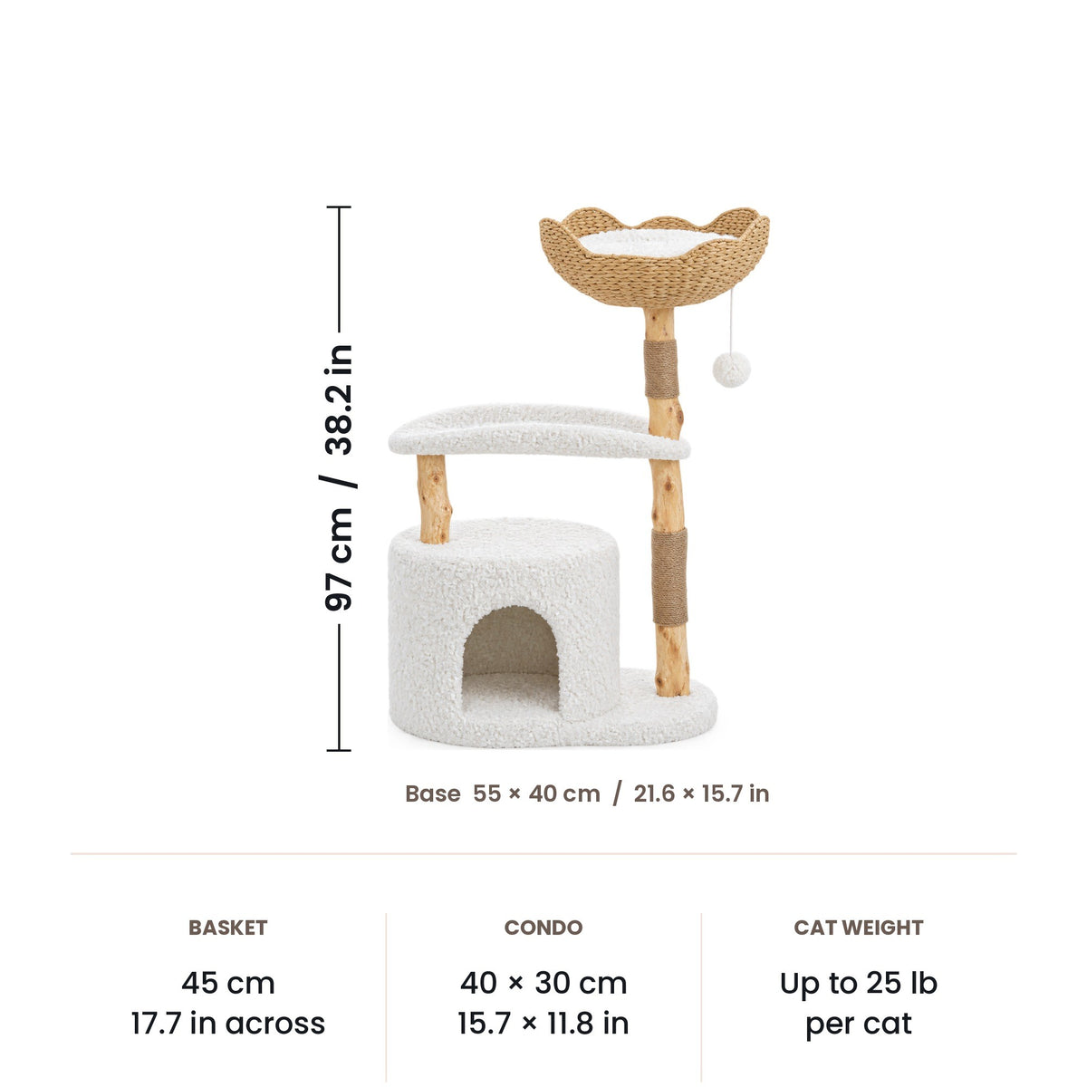 Condo and Basket cat tree dimensions: 97 cm (38.2 in) high, base 55 x 40 cm