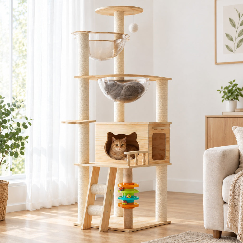 Cat curled up in a clear acrylic bowl of a modern wood cat tree, a second cat in the cat-head condo