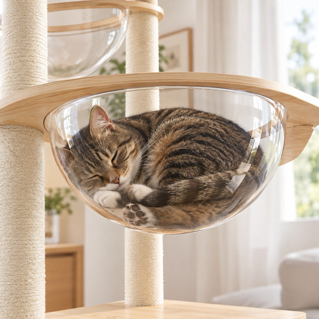 Cat sleeping in the clear acrylic bowl hammock of the wood cat tree