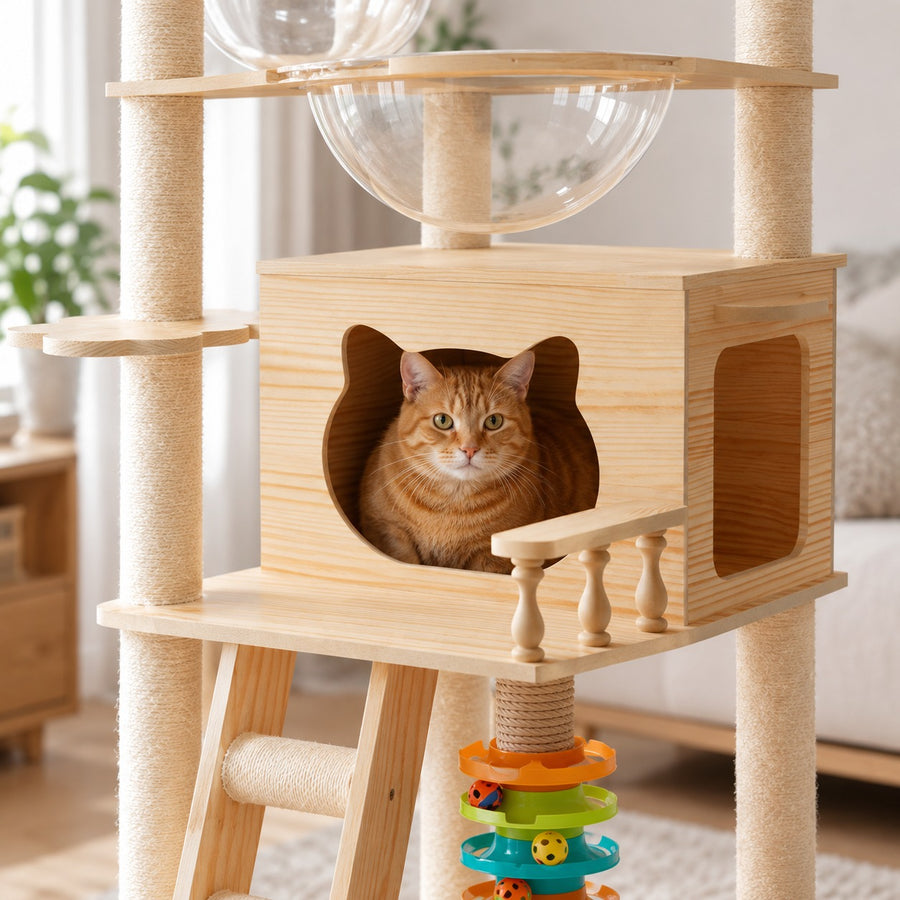 Cat sitting in the cat-head entrance of the wooden condo with its small balcony