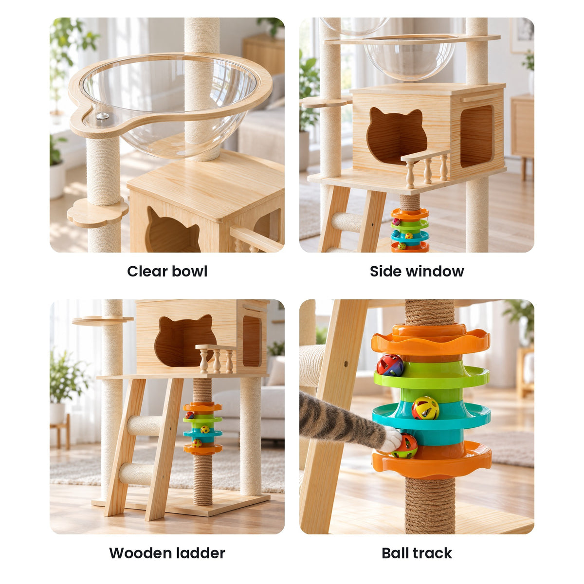 Wood cat tree details: clear acrylic bowl, condo side window, wooden ladder, ball-track toy