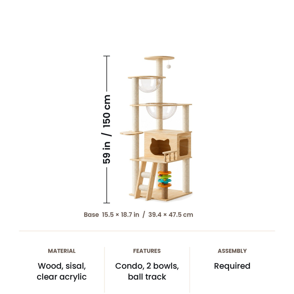 Wood cat tree dimensions: 59 in (150 cm) tall, base 15.5 x 18.7 in (39.4 x 47.5 cm)