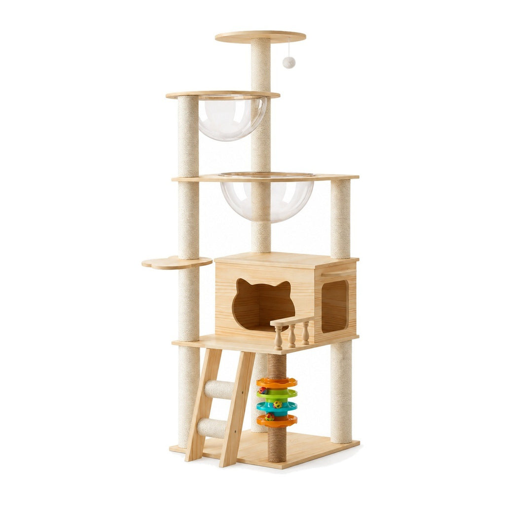 Modern wood cat tree with clear acrylic hammocks on a white background