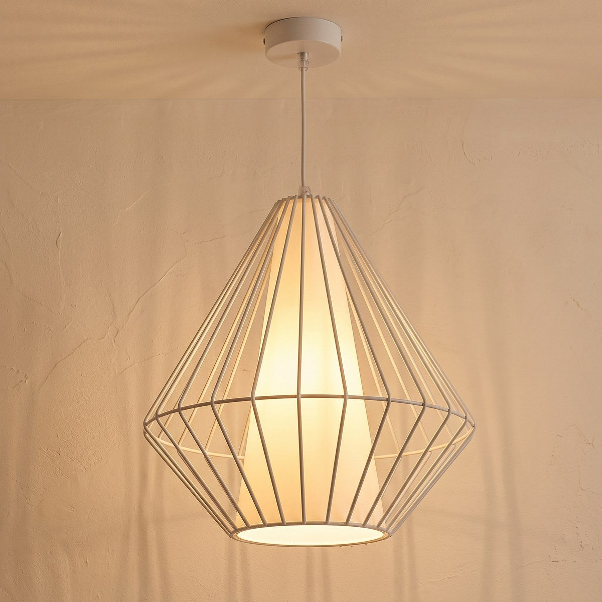 Suspension industrielle cage diamant acier, diffuseur 28 cm