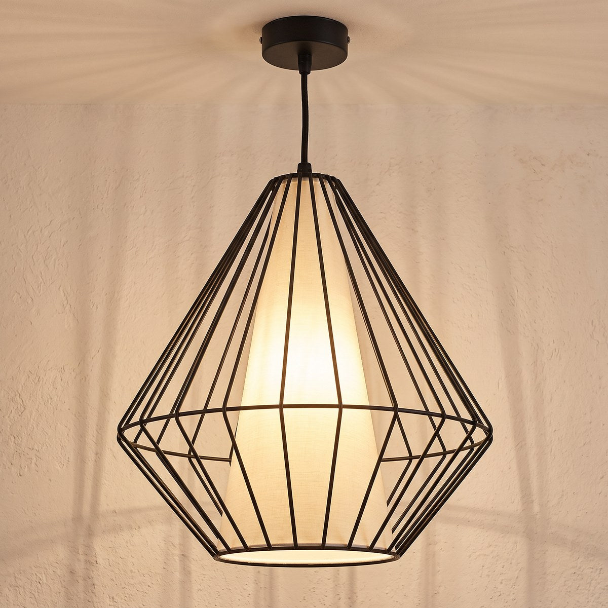 Suspension industrielle cage diamant acier, diffuseur 28 cm