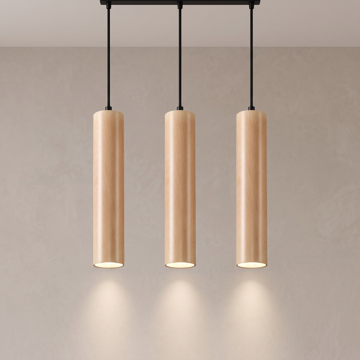 Suspension 3 tubes en bois naturel sur barre