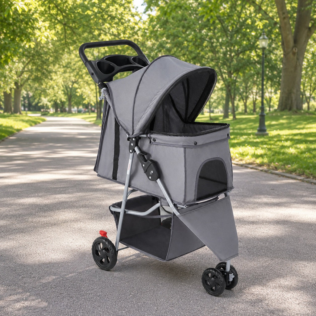 Gray 3-wheel folding pet stroller with canopy and storage basket