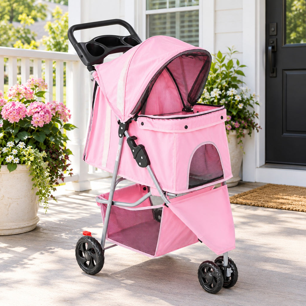 Pink 3-wheel folding pet stroller with canopy and storage basket