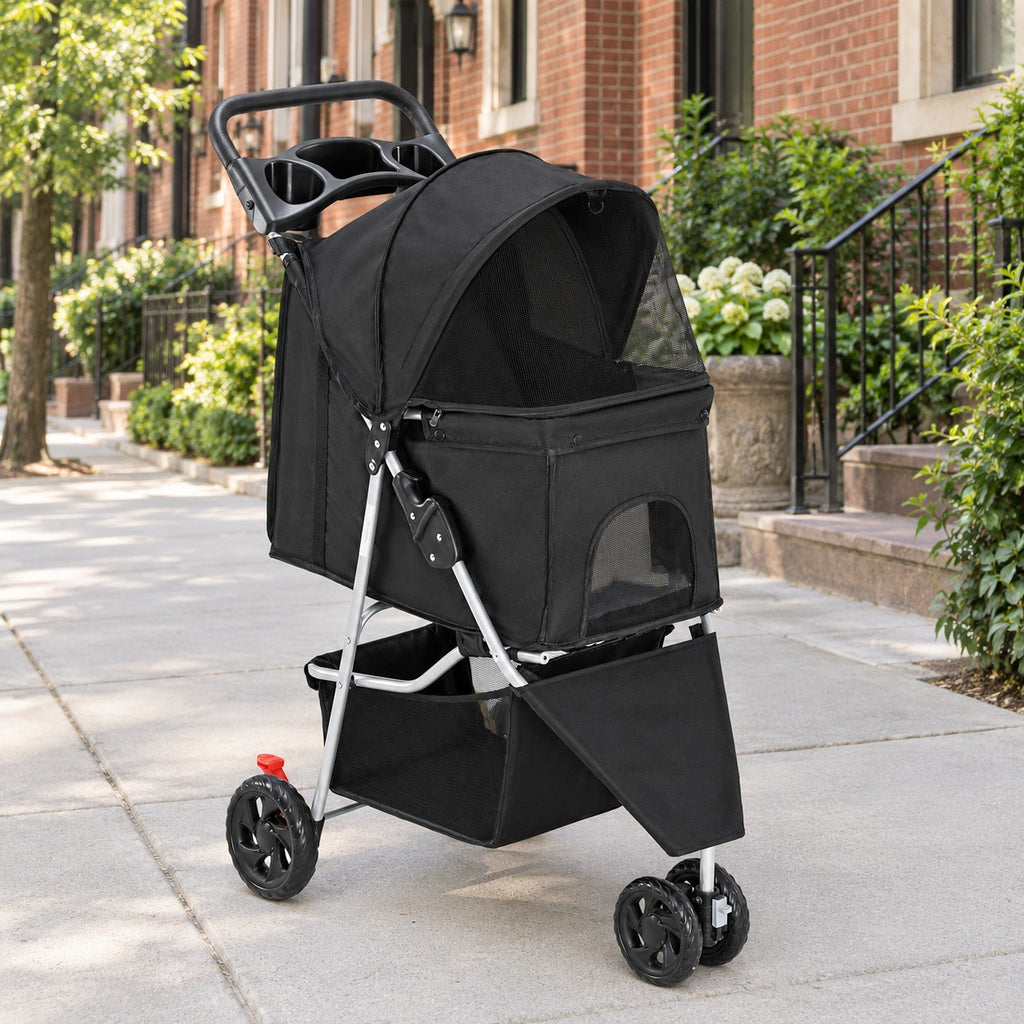 Black 3-wheel folding pet stroller with canopy and storage basket