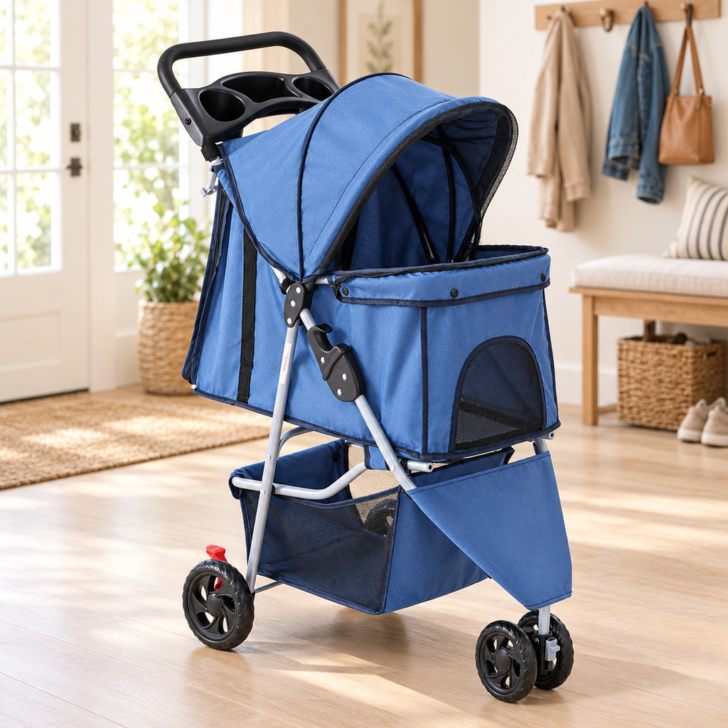 Blue 3-wheel folding pet stroller with canopy and storage basket