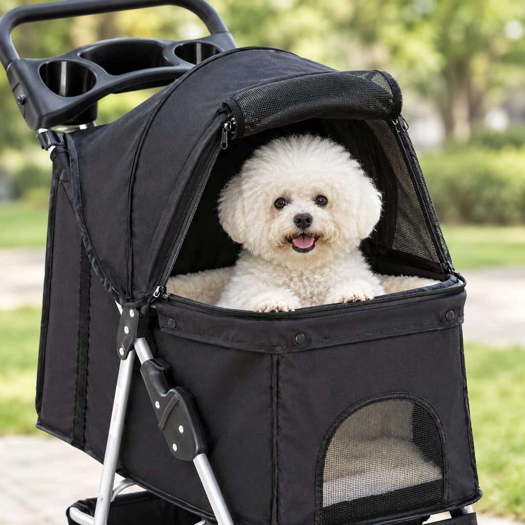 Small dog peeking out of the pet stroller cabin under the canopy