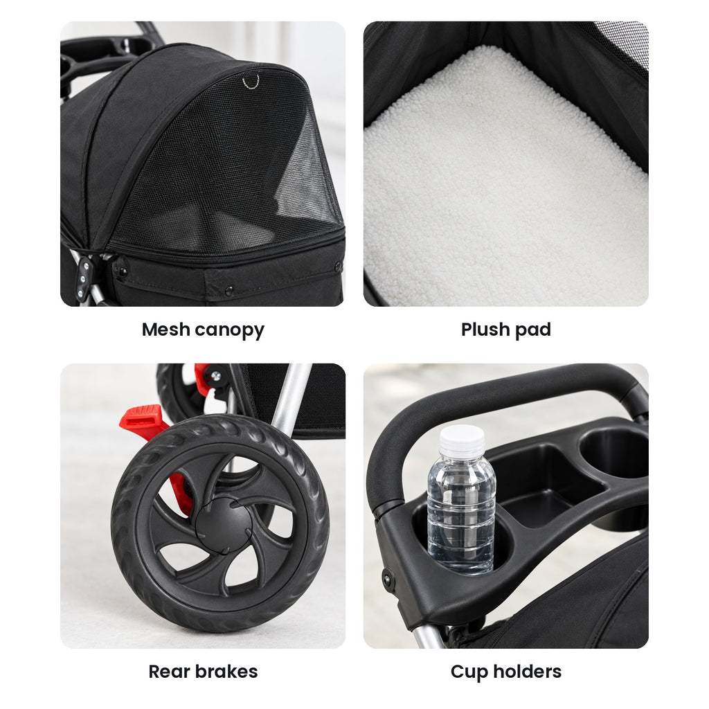 Pet stroller details: mesh canopy, plush pad, rear brakes, cup holders