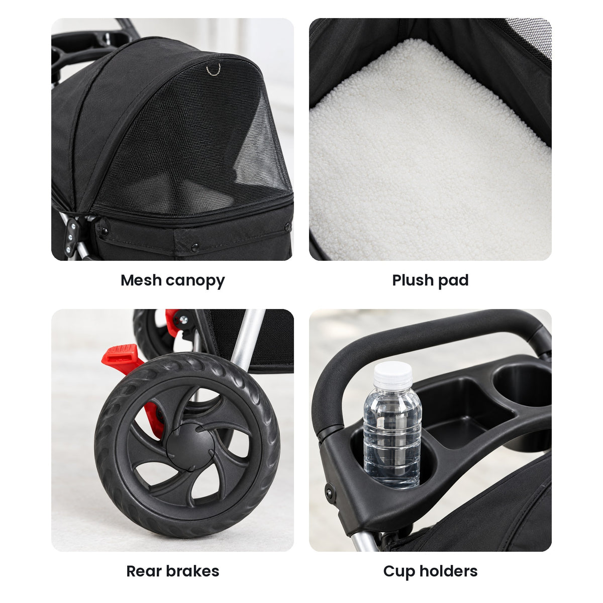 Pet stroller details: mesh canopy, plush pad, rear brakes, cup holders