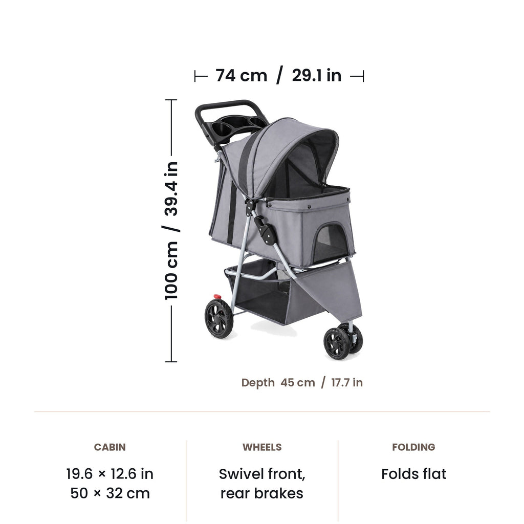 Pet stroller dimensions: 74 x 45 x 100 cm (29.1 x 17.7 x 39.4 in)