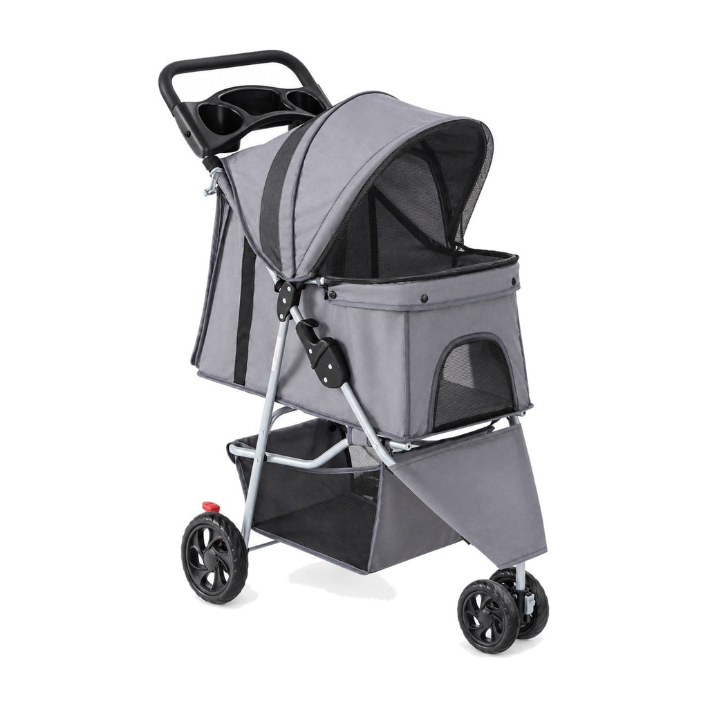 Gray 3-wheel pet stroller on a white background