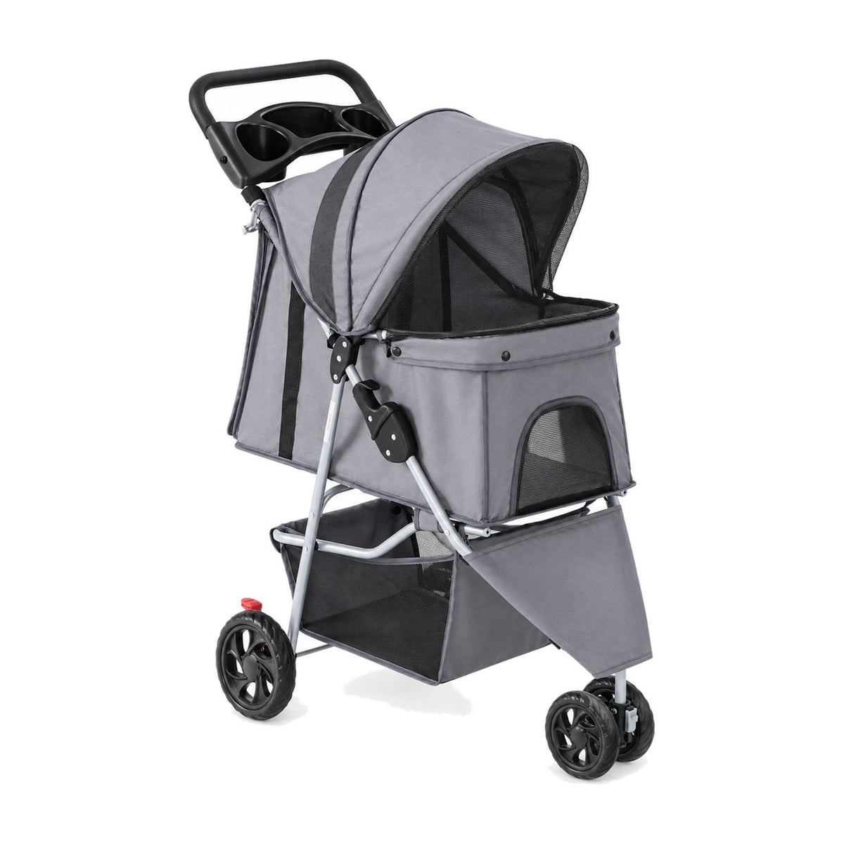 Gray 3-wheel pet stroller on a white background