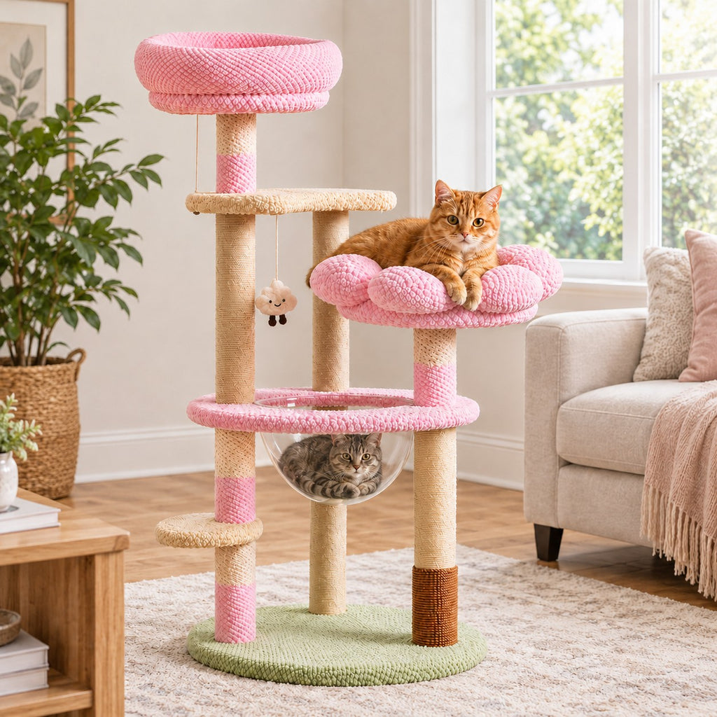Cat lying on the flower lounger of a pink flower cat tree, another cat in the clear bowl
