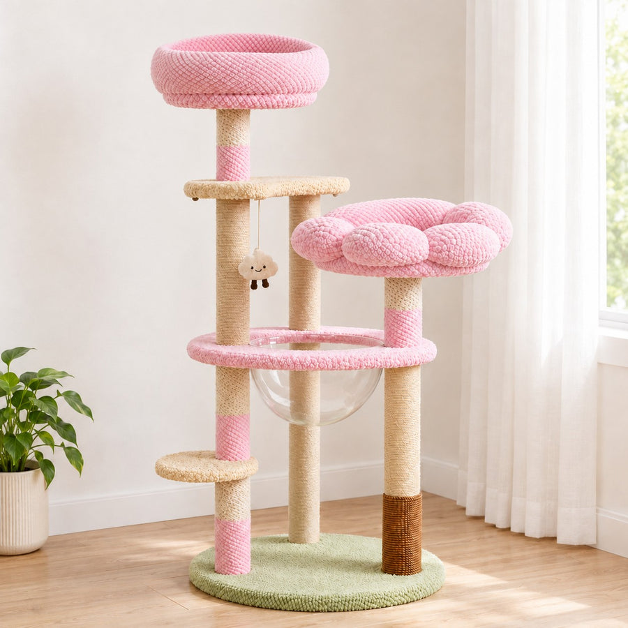Pink flower cat tree with top bowl, flower lounger and clear acrylic bowl