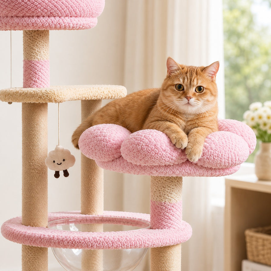 Cat resting on the pink five-petal flower lounger