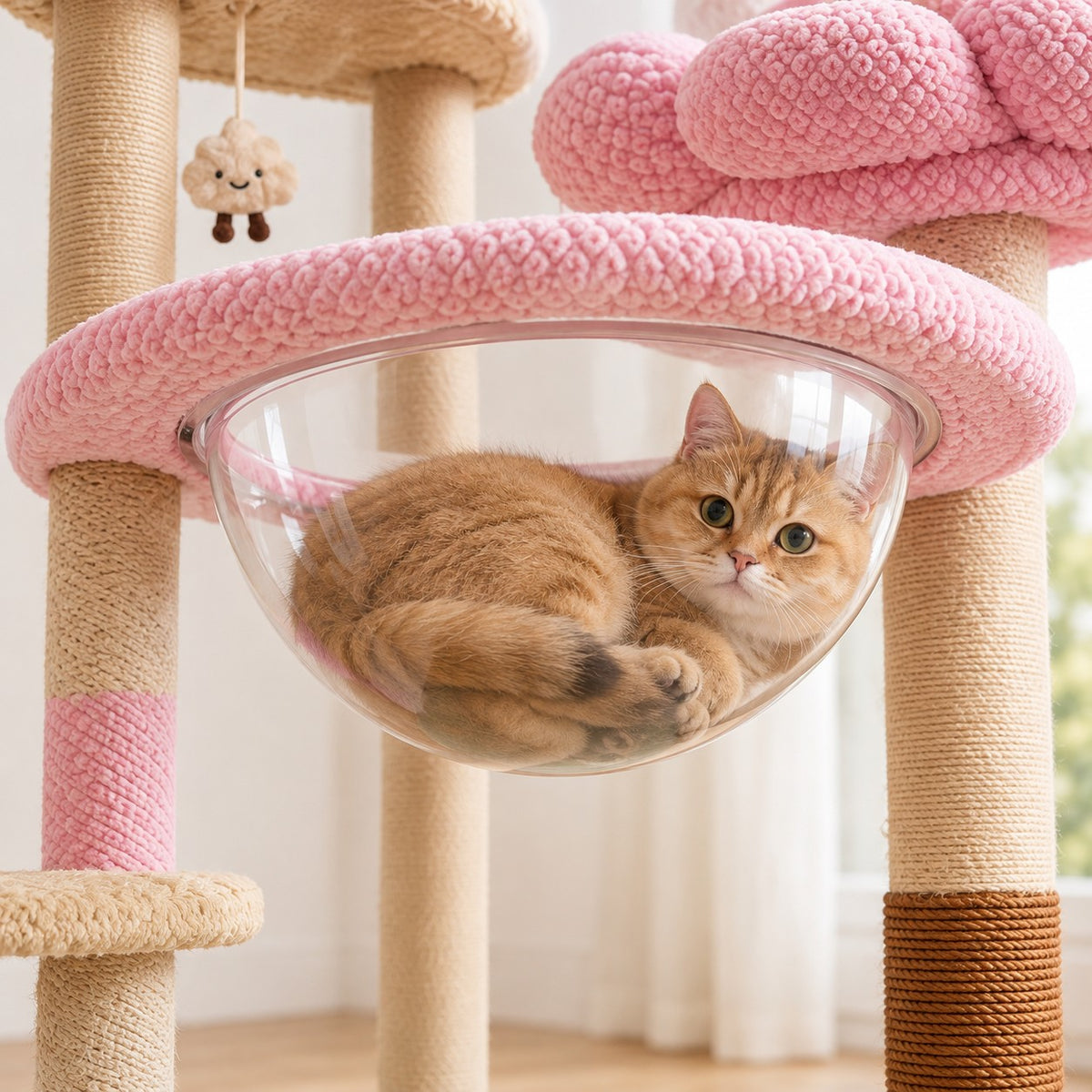 Cat curled up in the clear acrylic bowl of the pink cat tree